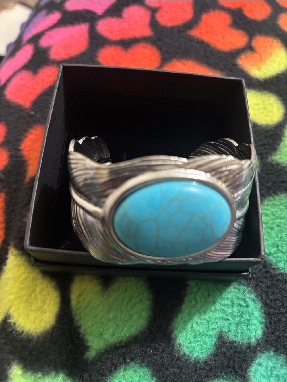 Turquoise Stone Silver Feather Cuff Bracelet - Women Jewelry